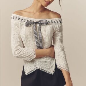 White Eyelet Off-Shoulder Top with Black Bow